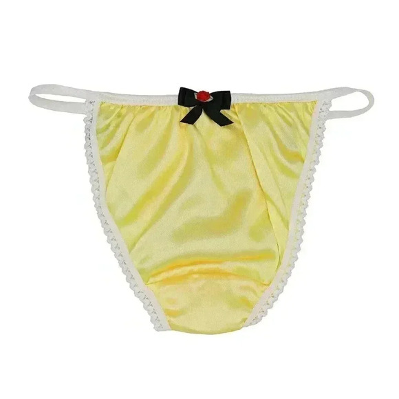 Reworked Yellow Red Kitty Gingham Bow Satin Briefs Size Small honeymoon lingerie - Picture 2 of 3